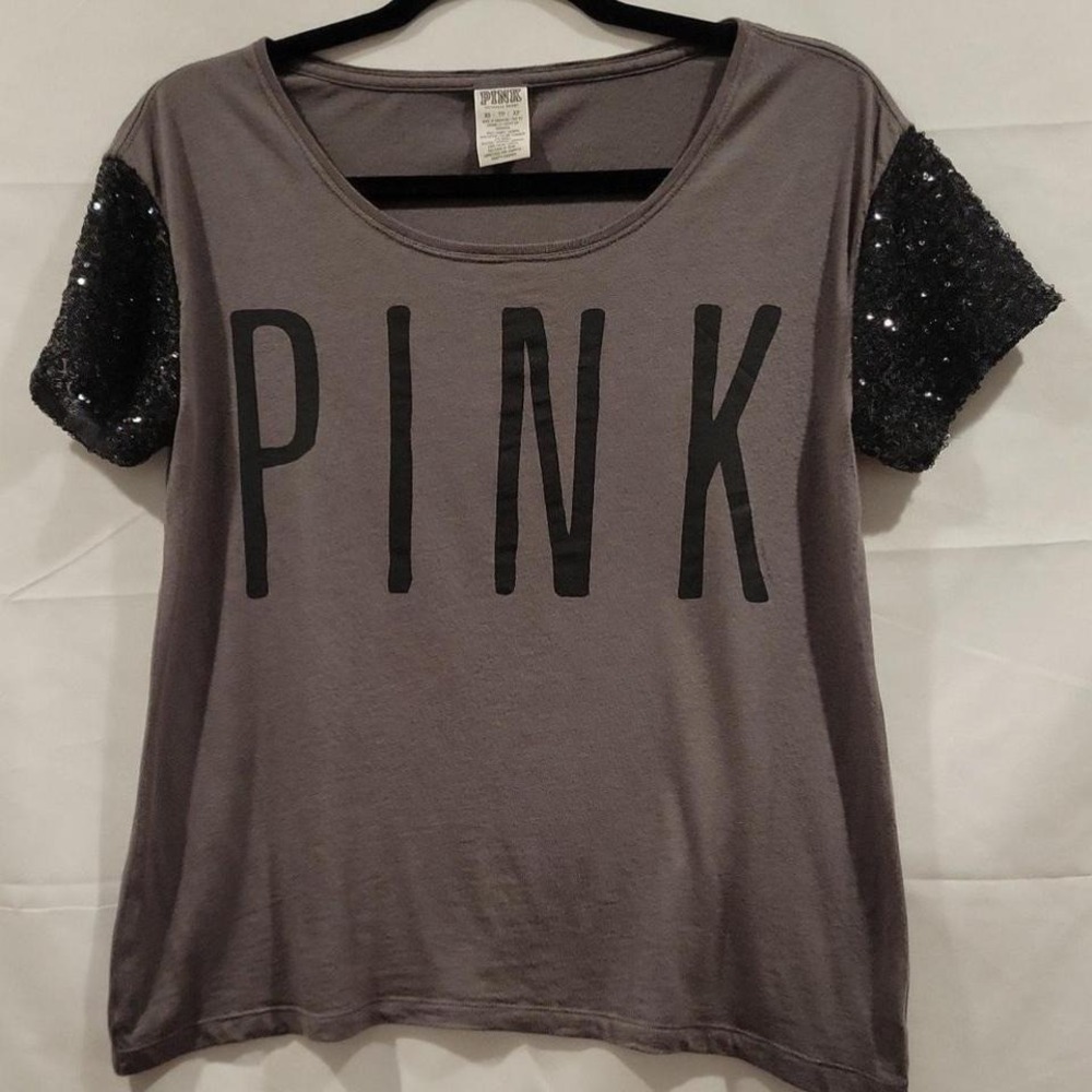 Victoria's Secret Pink T-shirt Sequin Sleeves Gray Black Womens Size XS